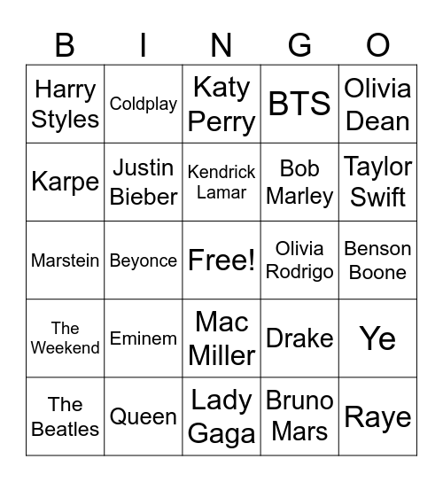 Musikk Bingo Card