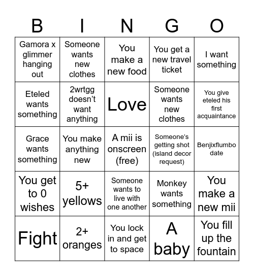 Tomodachi bingo Card