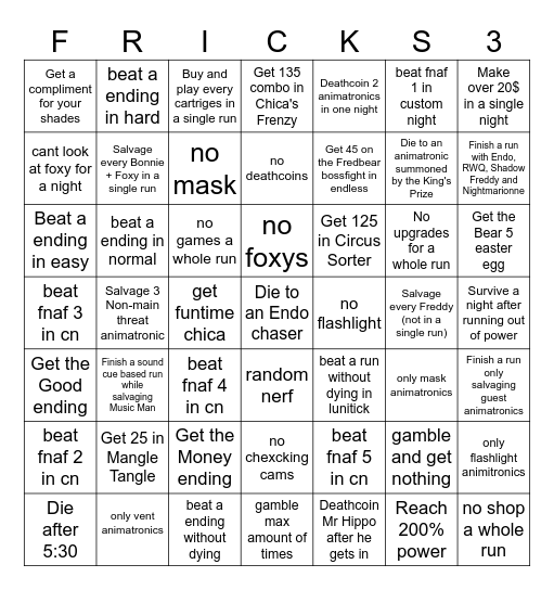 Frickbear's 3 BINGO Card