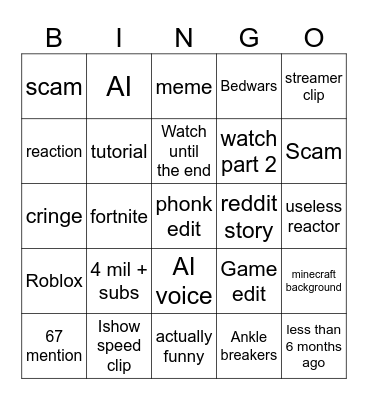 Yt shorts Bingo Card
