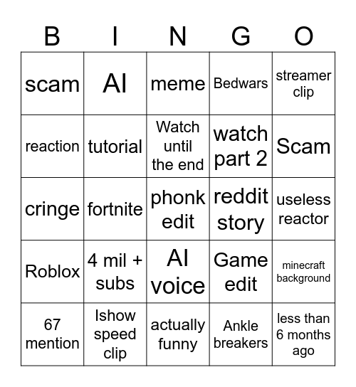 Yt shorts Bingo Card