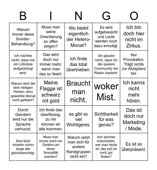 Pride Month Bullshit Bingo Card
