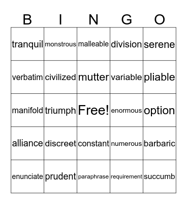 Vocabulary Bingo Card