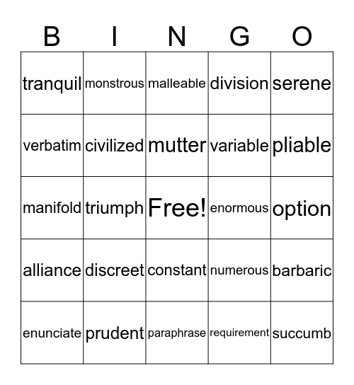 Vocabulary Bingo Card