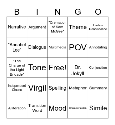 7th Grade English Bingo Card