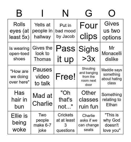 English Bingo Card