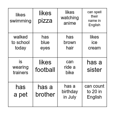 Ice breaker BINGO - Year 7 Bingo Card