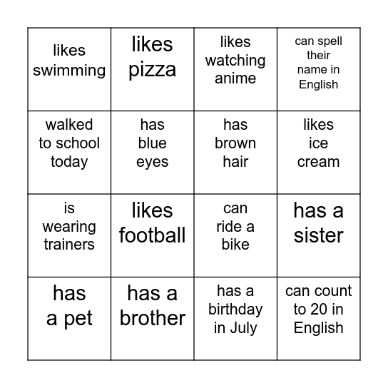 Ice breaker BINGO - Year 7 Bingo Card