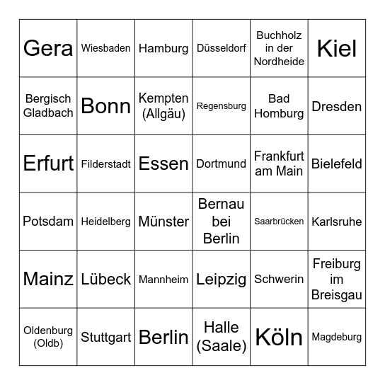 Städtebingo Card