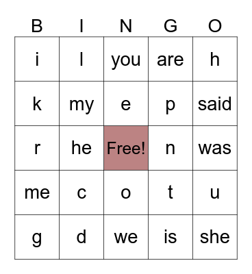 Single sounds and sight words Bingo Card
