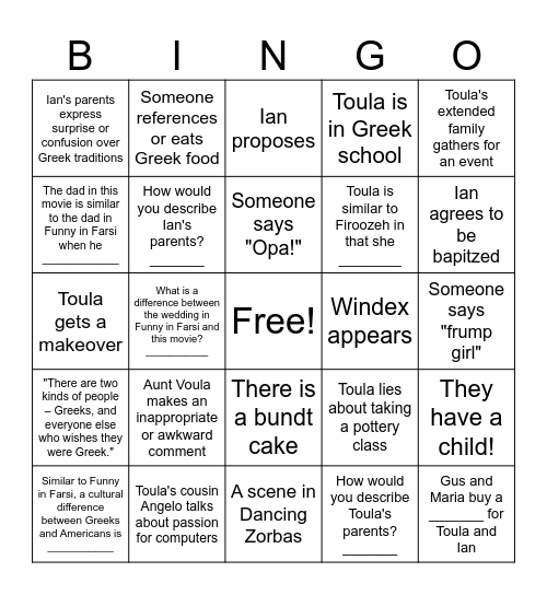 Big Fat Greek Wedding Bingo Card