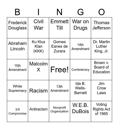 Semester 2 Finals Bingo, Civics Bingo Card
