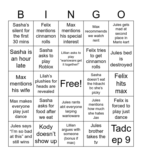 Juliet’s hibachi Bingo Card