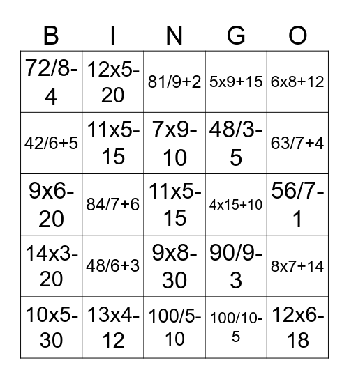 Teste Matemático Bingo Card