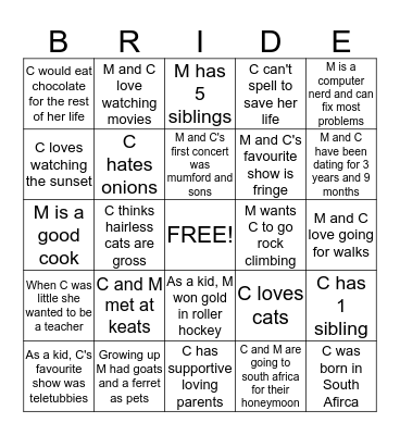 Cayley and Mitch Bingo Card