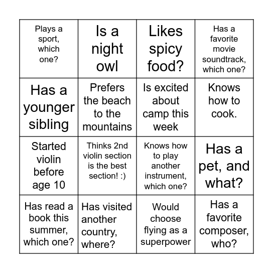 2nd Violin Sectional bingo Card