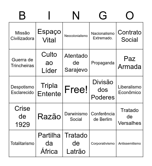História na Cartela Bingo Card