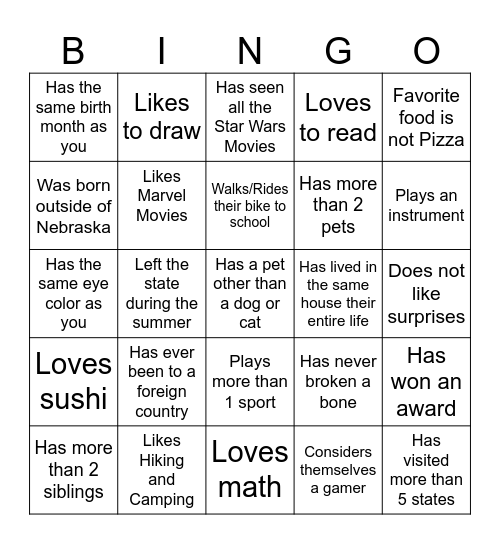 Middle School Bingo Card