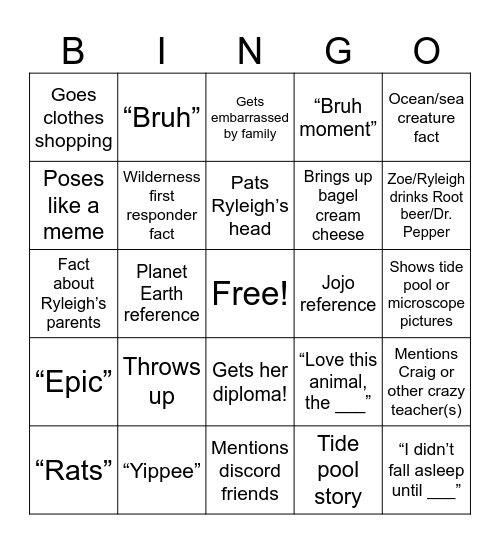 Zingo (Zoe Bingo) Bingo Card