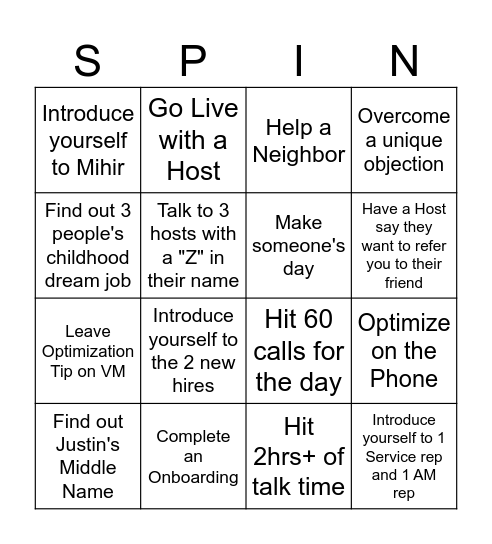 Spin to Win BINGO Card