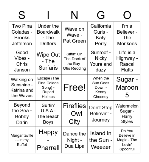 Summer SINGO 1 Bingo Card