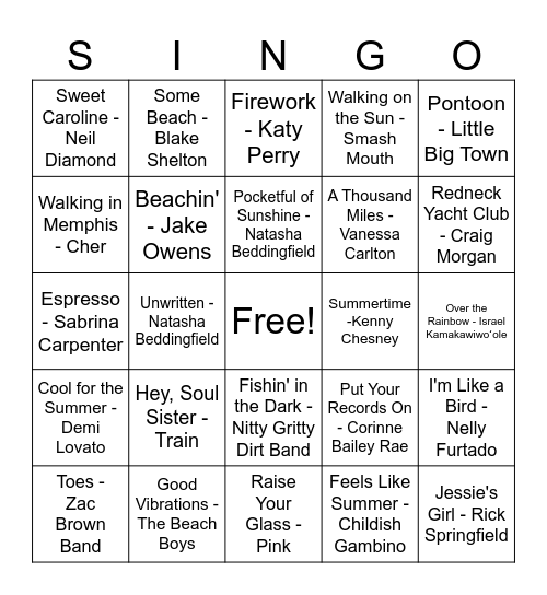 Summer SINGO 2 Bingo Card