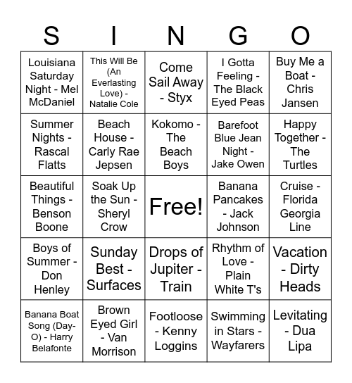 Summer SINGO 3 Bingo Card