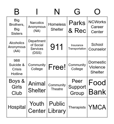 Community Resources Bingo Card