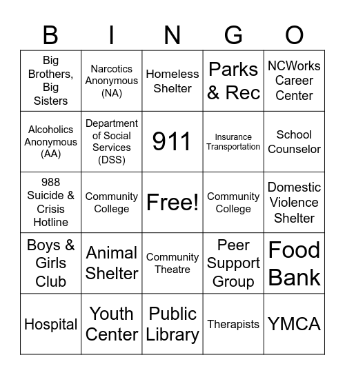 Community Resources Bingo Card