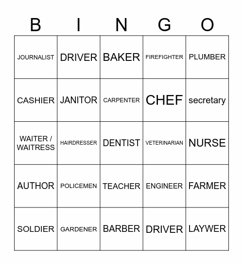 PROFESSIONS Bingo Card