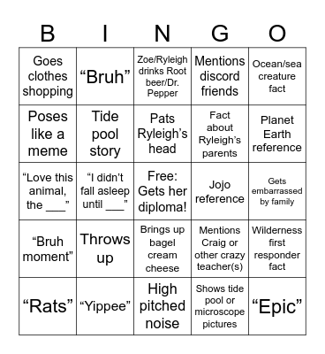 Zingo (Zoe Bingo) Bingo Card