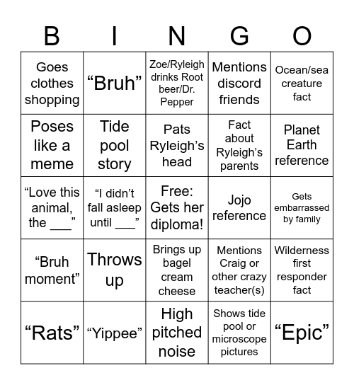 Zingo (Zoe Bingo) Bingo Card