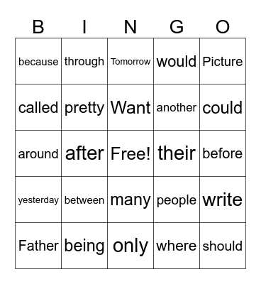Sight Words Bingo Card