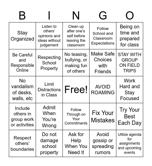 School EXPECTATIONS Bingo Card