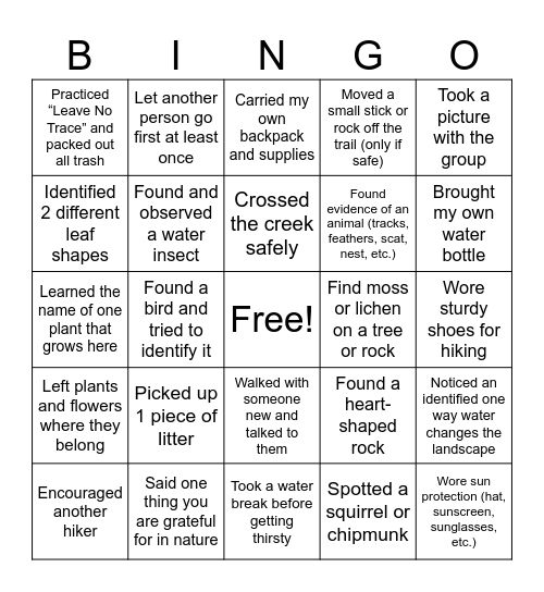 Battle Creek Falls BINGO! Bingo Card