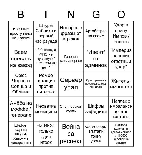 Bingo Corvax Star Wars (версия Балморра) Bingo Card