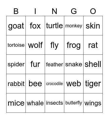 Animals Bingo Card