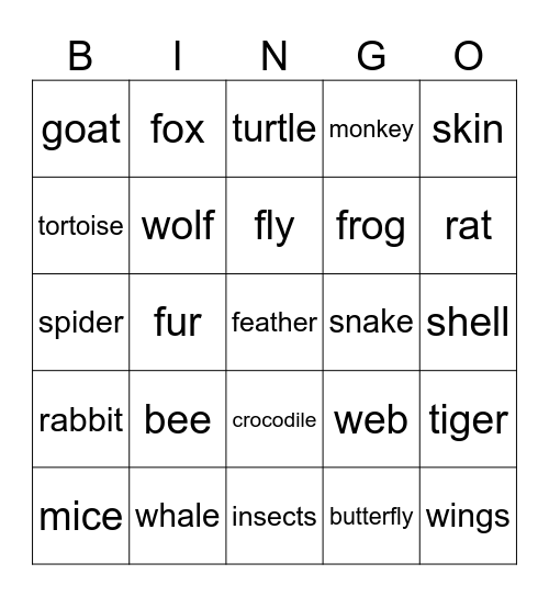 Animals Bingo Card
