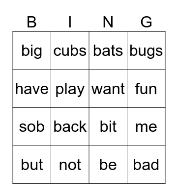 Tubb the Cub Bingo Card
