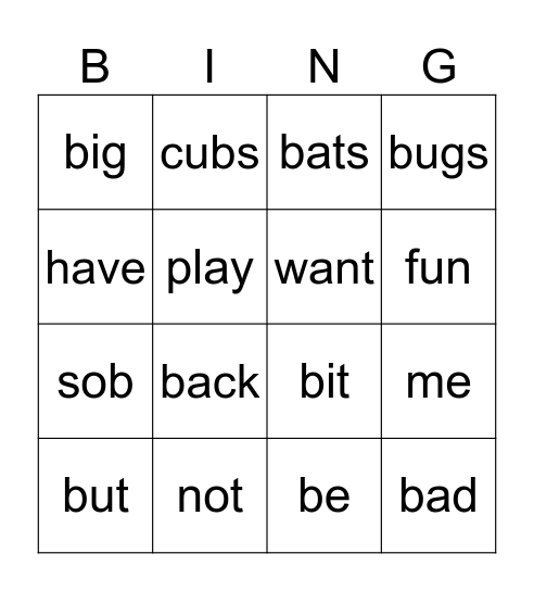Tubb the Cub Bingo Card