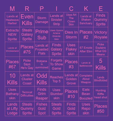 Picke's Bingo Night Bingo Card