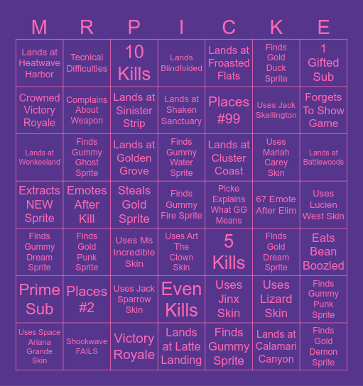 Picke's Bingo Night Bingo Card