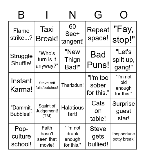 Gaming Group Bingo Card