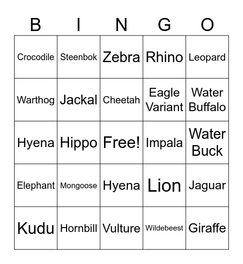 Kruger Park Bingo Card