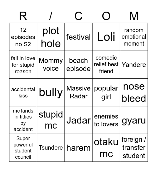 Rom com slop anime Bingo Card