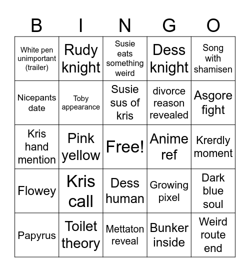 Deltarune chapter 5 Bingo Card