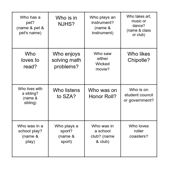 SEEDS Bingo Card