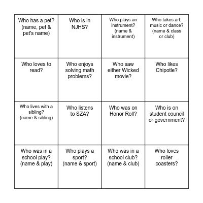 SEEDS Bingo Card
