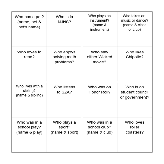 SEEDS Bingo Card