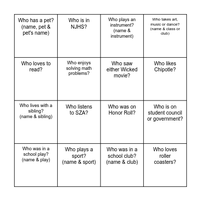 SEEDS Bingo Card